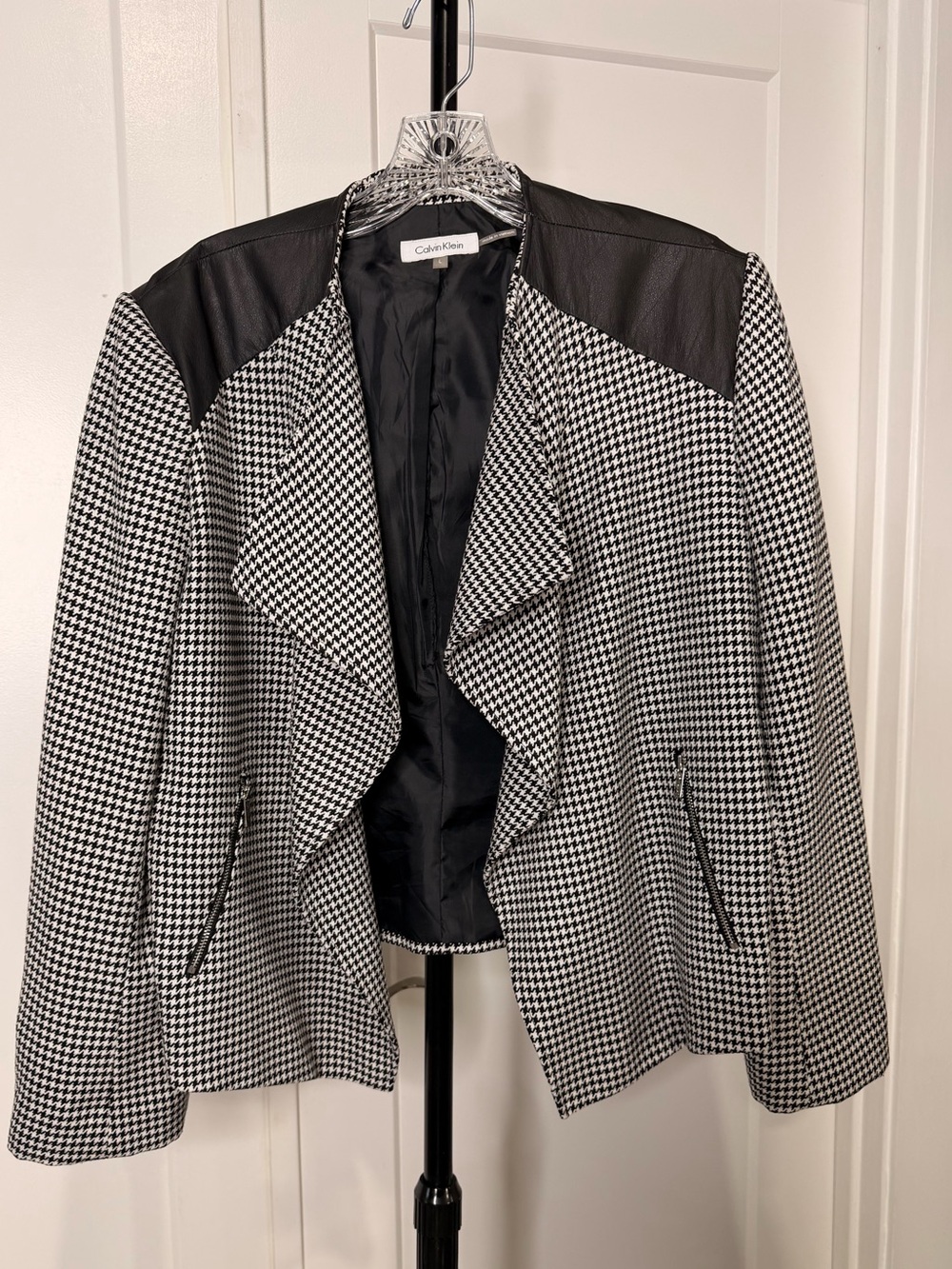 Calvin Klein Black & White Houndstooth Draped Blazer with Faux Leather Shoulders